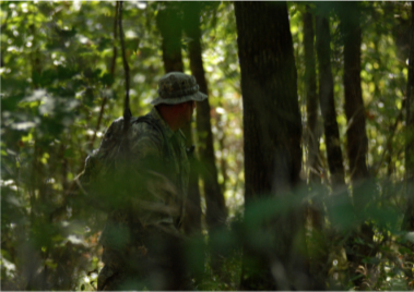 Daryl Colyer searching through the dense forest. 