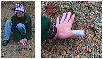 Figure 3. The print is below the man’s hands in the left image. Although they did not show up clearly in the pictures, ridges were observed between fingers by the witnesses.