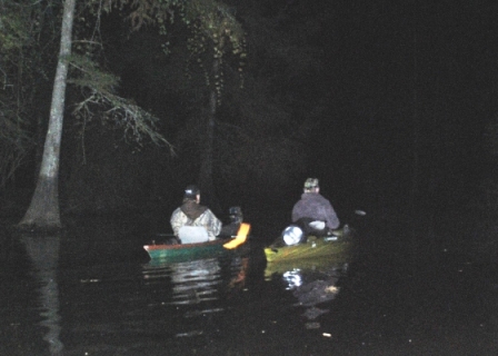 TBRC Investigators Jerry Hestand and Mark Porter kayaking through Mercer Bayou in Arkansas.