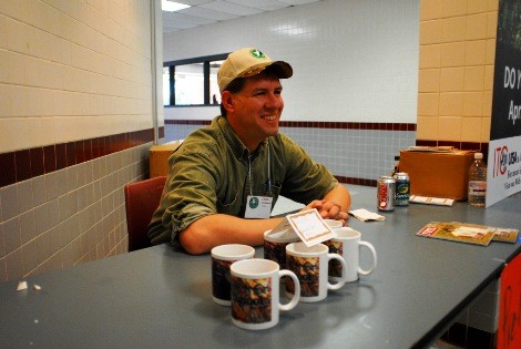 Tod Pinkerton shares a laugh with friends. Photo: Chris Buntenbah